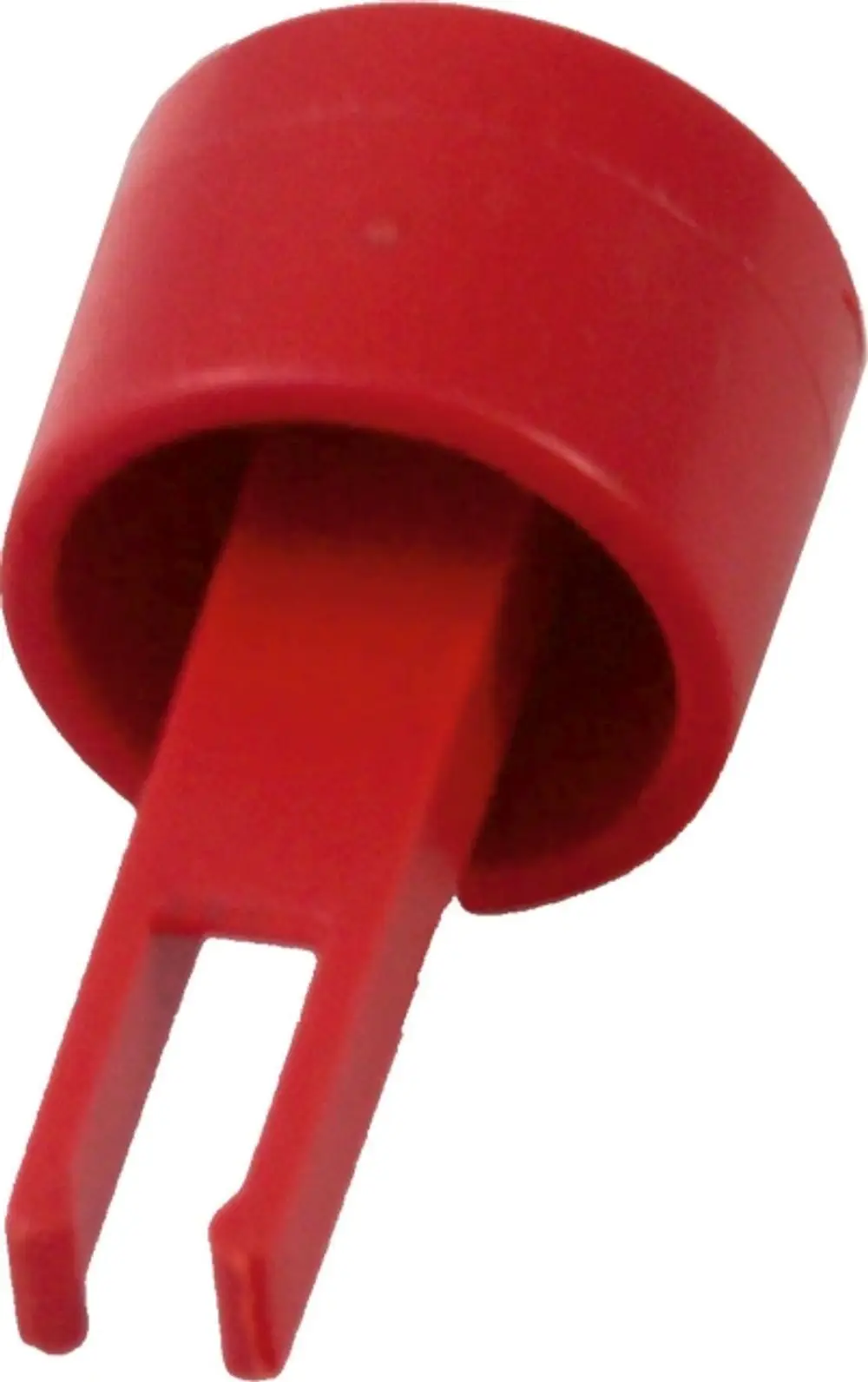 Roter Druckknopf mit zwei Verbindungsstiften, geeignet für elektrische Schaltungen. Teil eines Produkts der Marke Wolf.